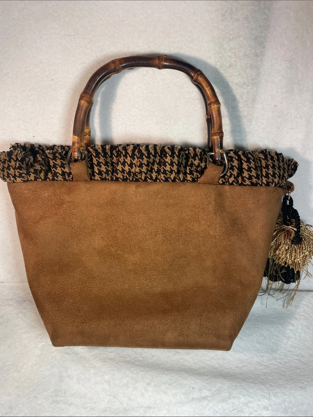 Brown Suede Tote Bag with Bamboo Handles Lula Belle